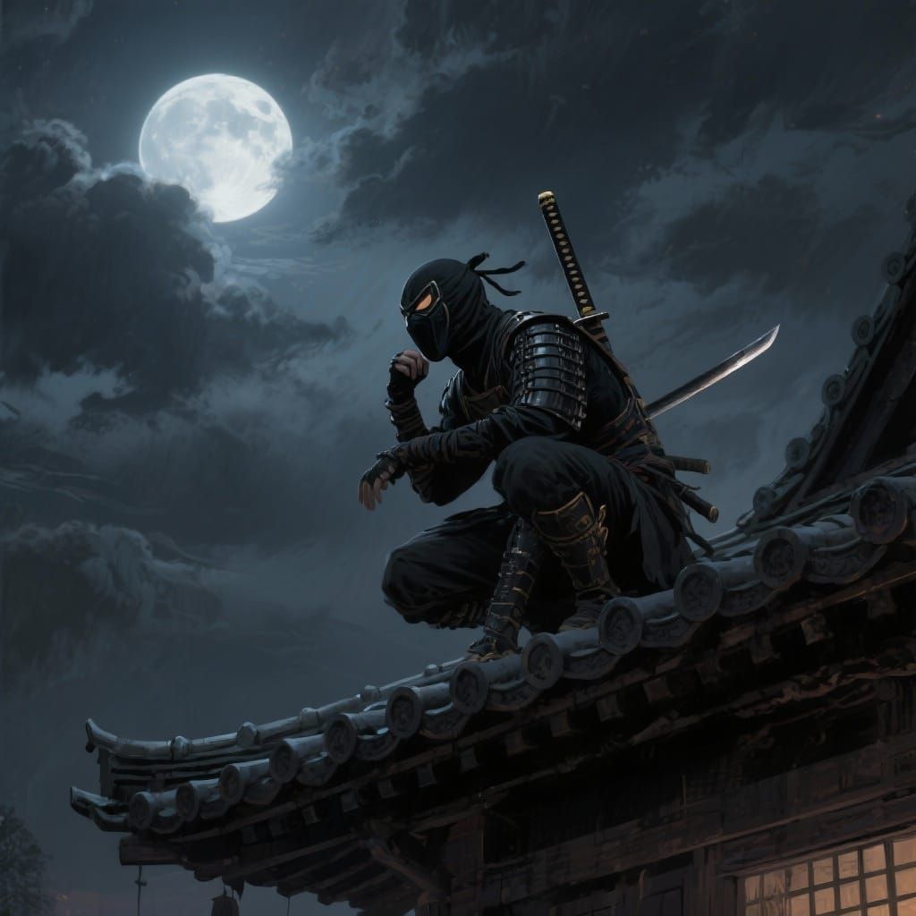 Mysterious Ninja on Rooftop Under Full Moon