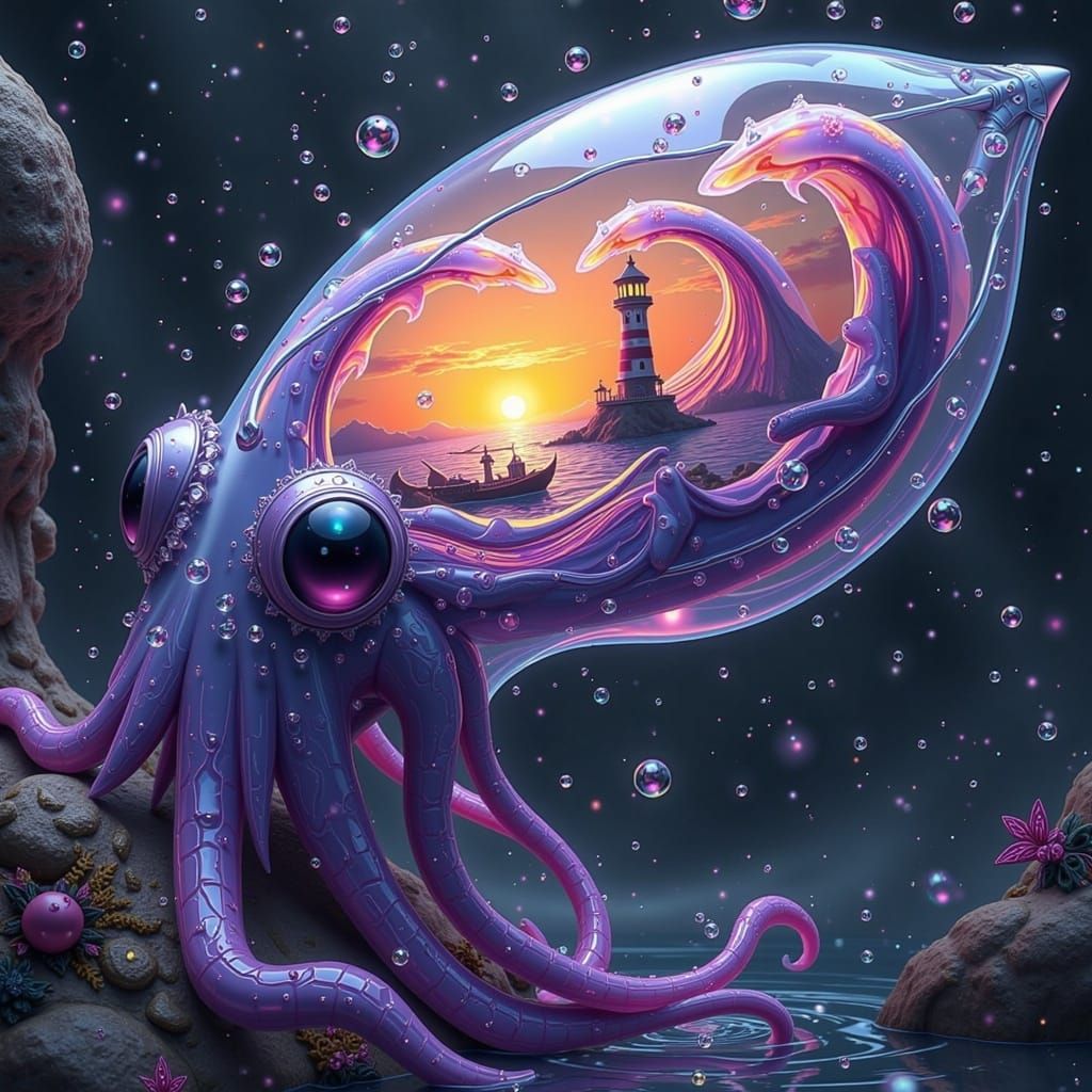 Translucent Kraken Head with Sunset Scene Inside