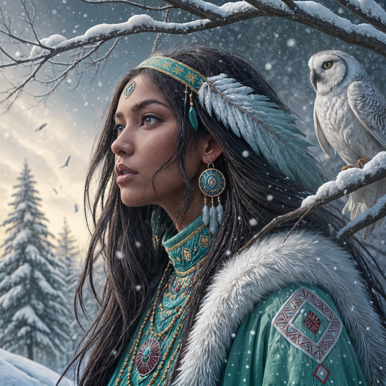 Native American Woman on Snowy Mountain in Painterly Style