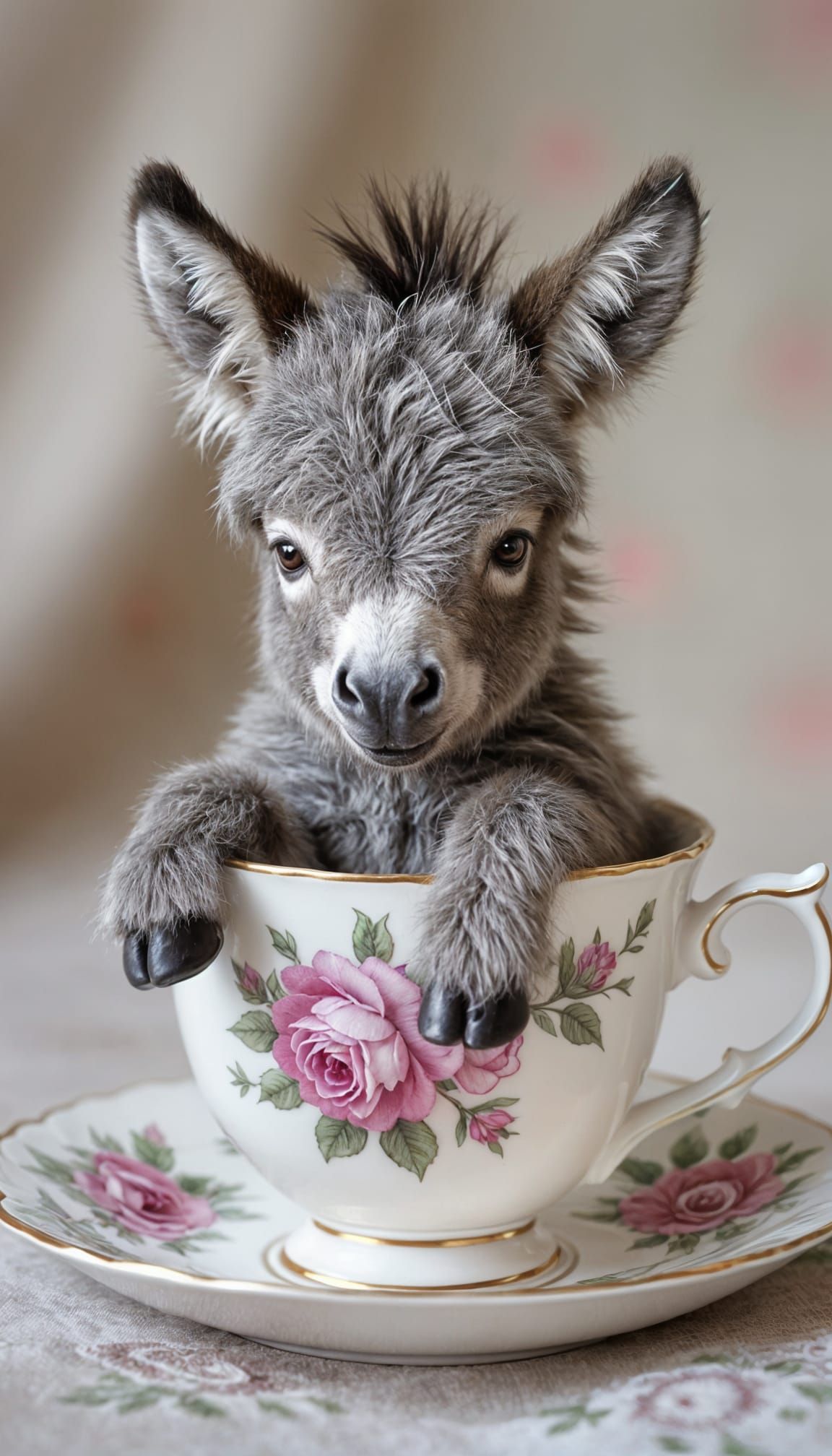 Adorable Miniature Donkey in Floral Teacup
