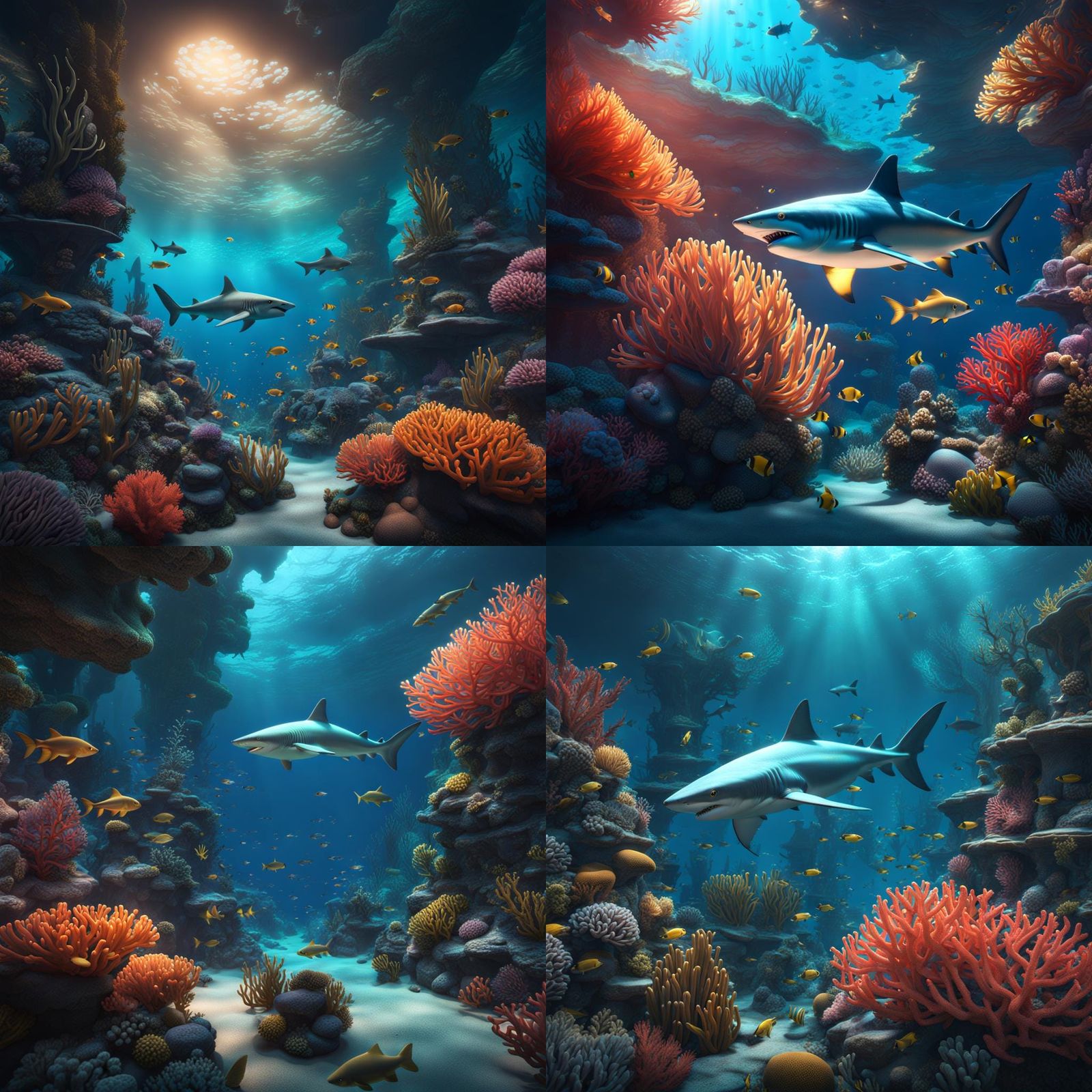 Underwater Scene with Sharks and Coral Reef