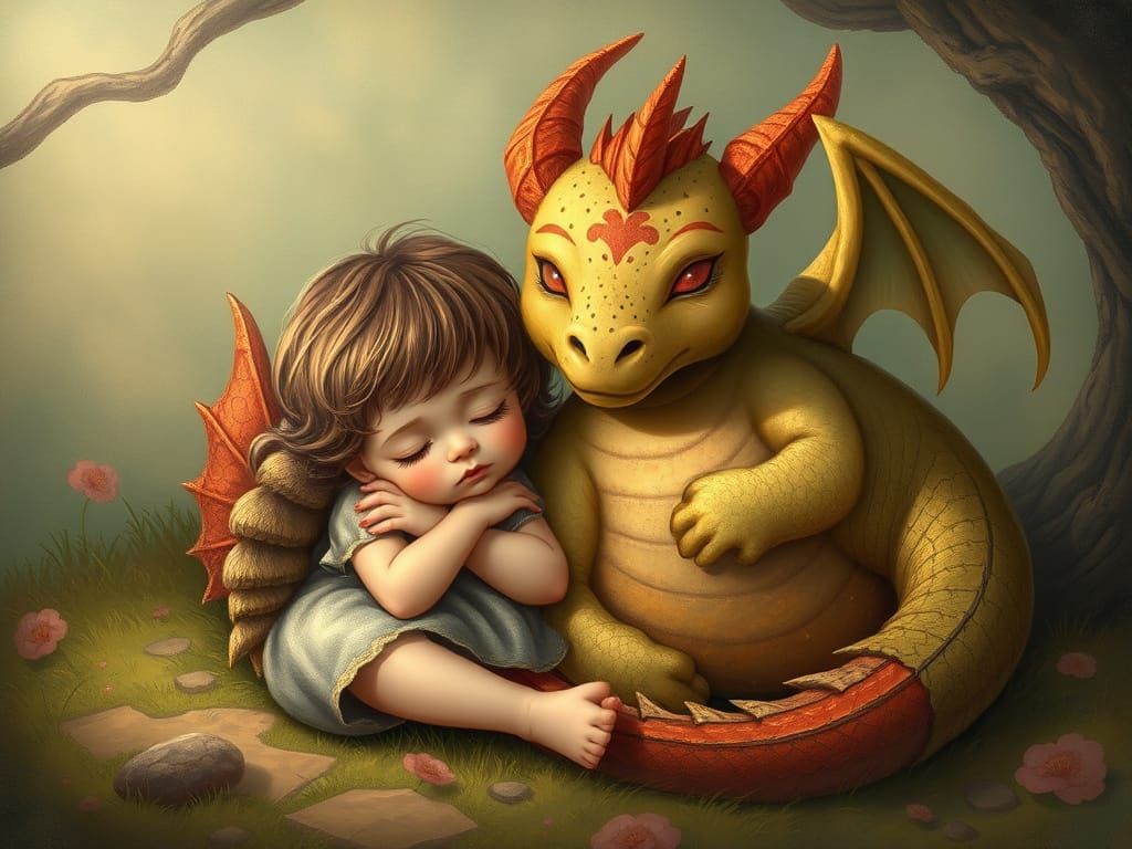 Child and Dragon Friends in Whimsical Storybook Setting