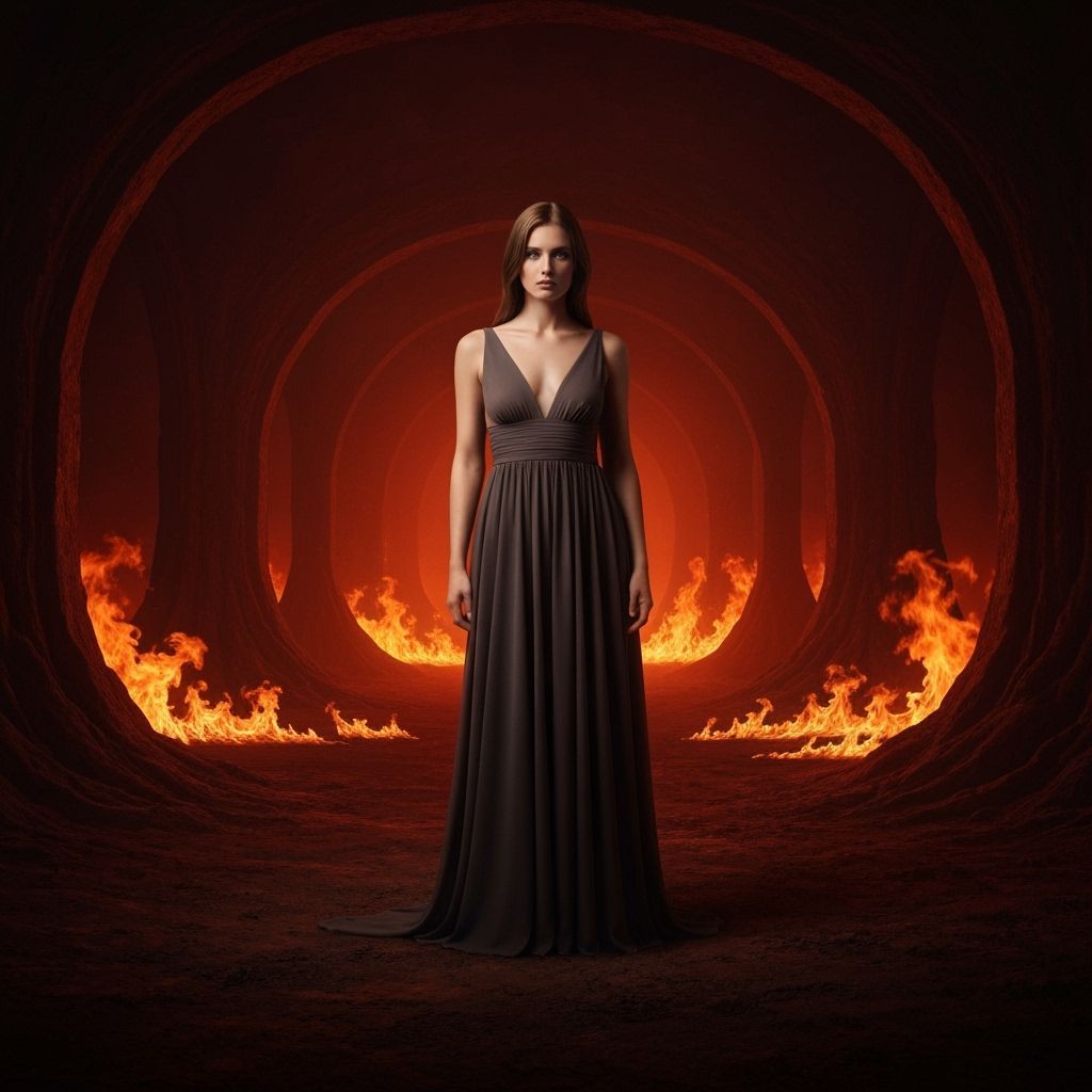 Statuesque Woman in Fiery Underworld: Ultra-Realistic Photog...
