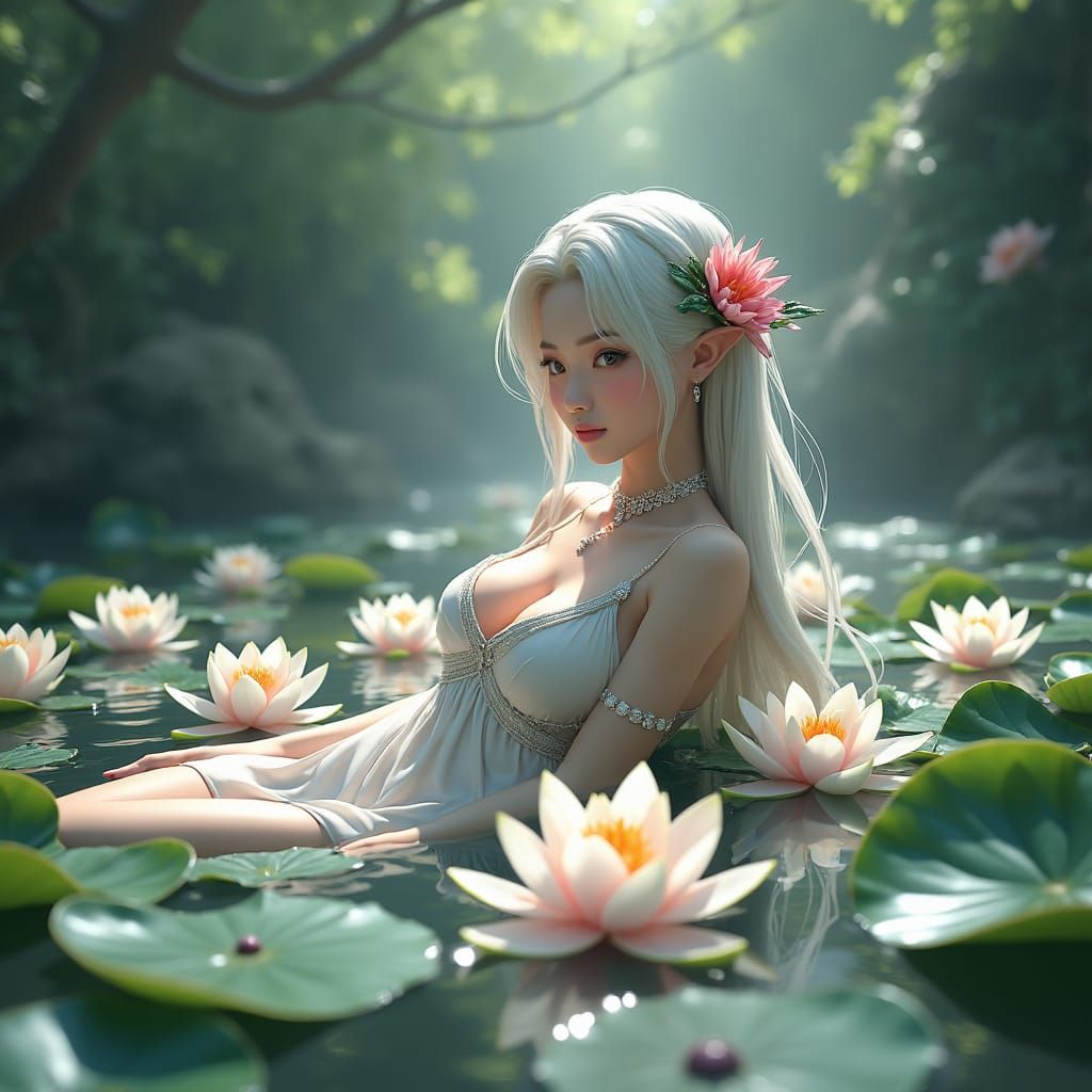 Ethereal Elven Maiden in Lush River Bath