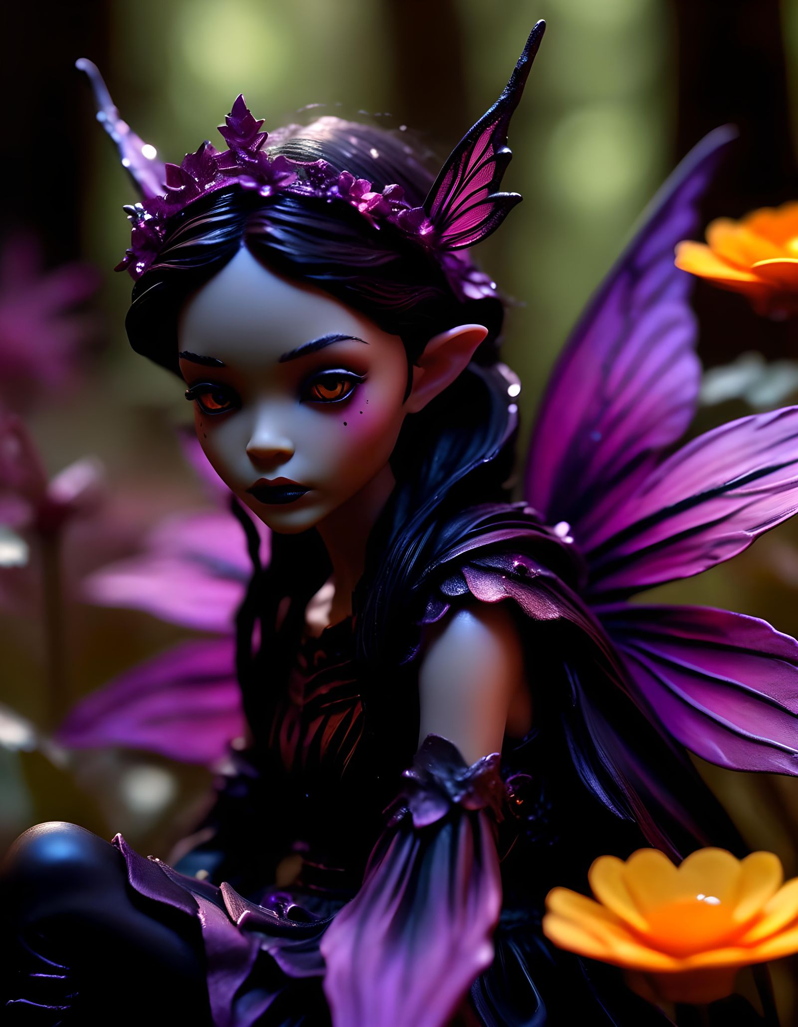 Dark Fairy on Purple Flower: Hyperrealistic Macro Photograph...