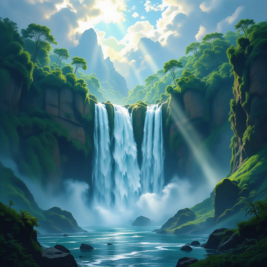 Majestic Waterfall in Paradise: Hyperrealistic Landscape