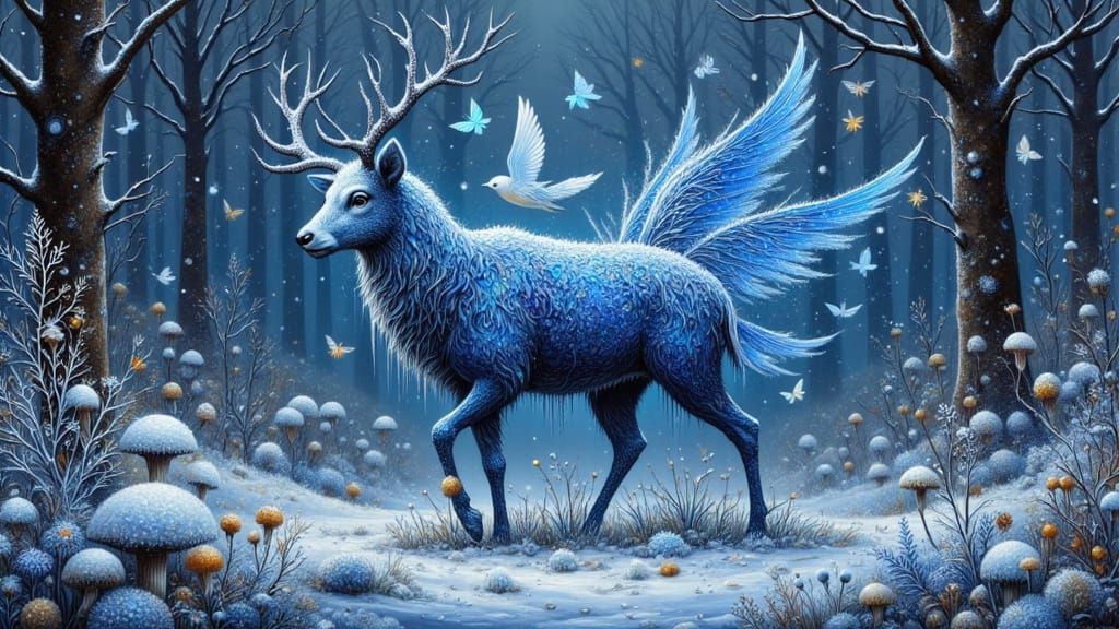 Blue Winged Deer in Snowy Forest, Manhwa Style