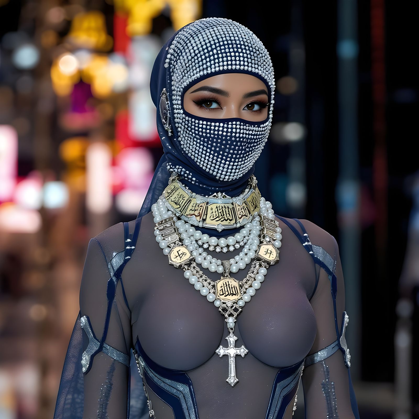 Futuristic Asian Woman in Pearl Niqab and Catsuit