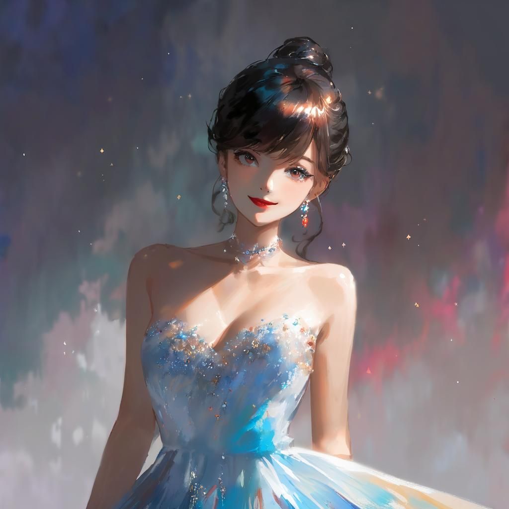 Anime Woman in Aquarela Painting with Galaxy Glimmer