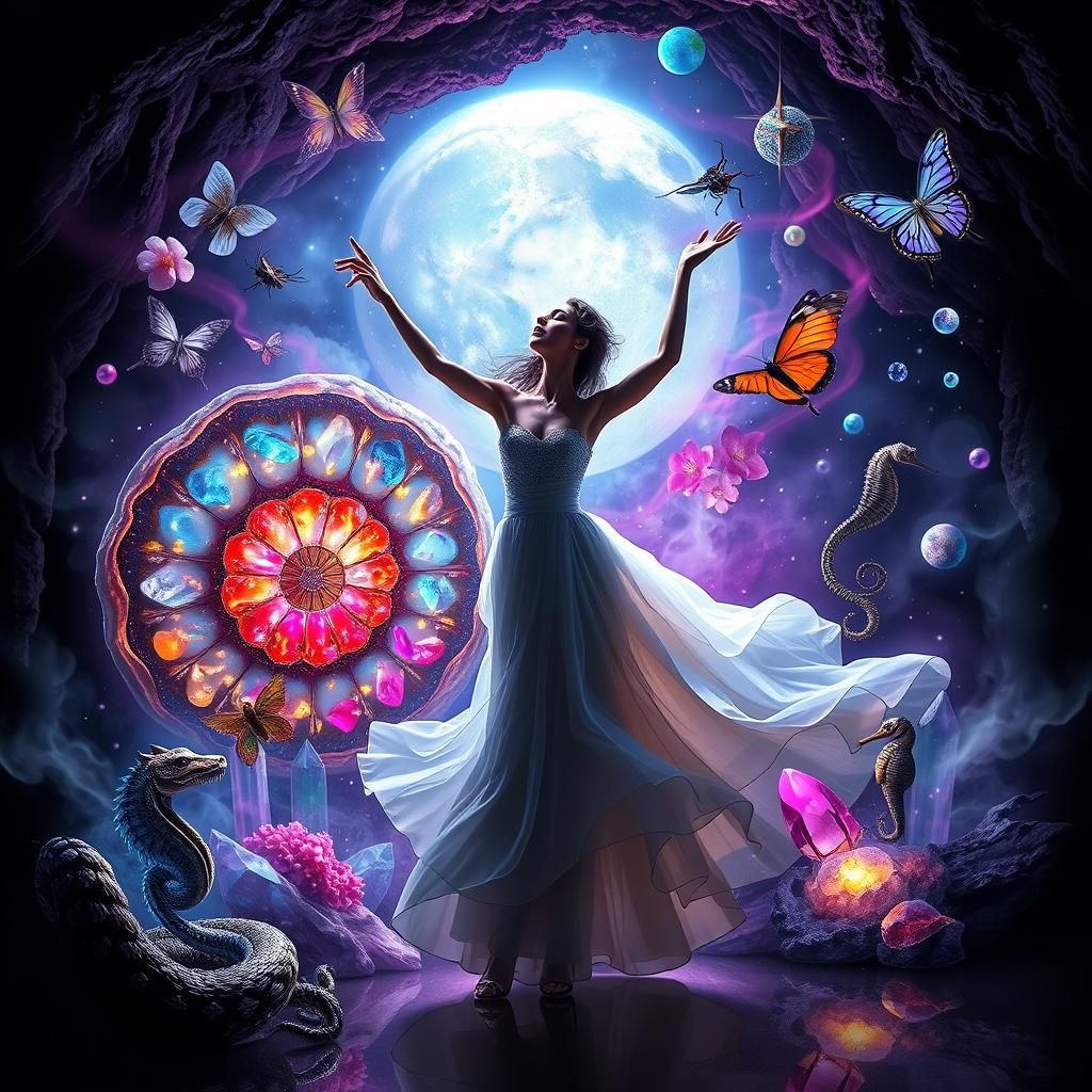 Bioluminescent Crystal Cavern of Mythical Creatures