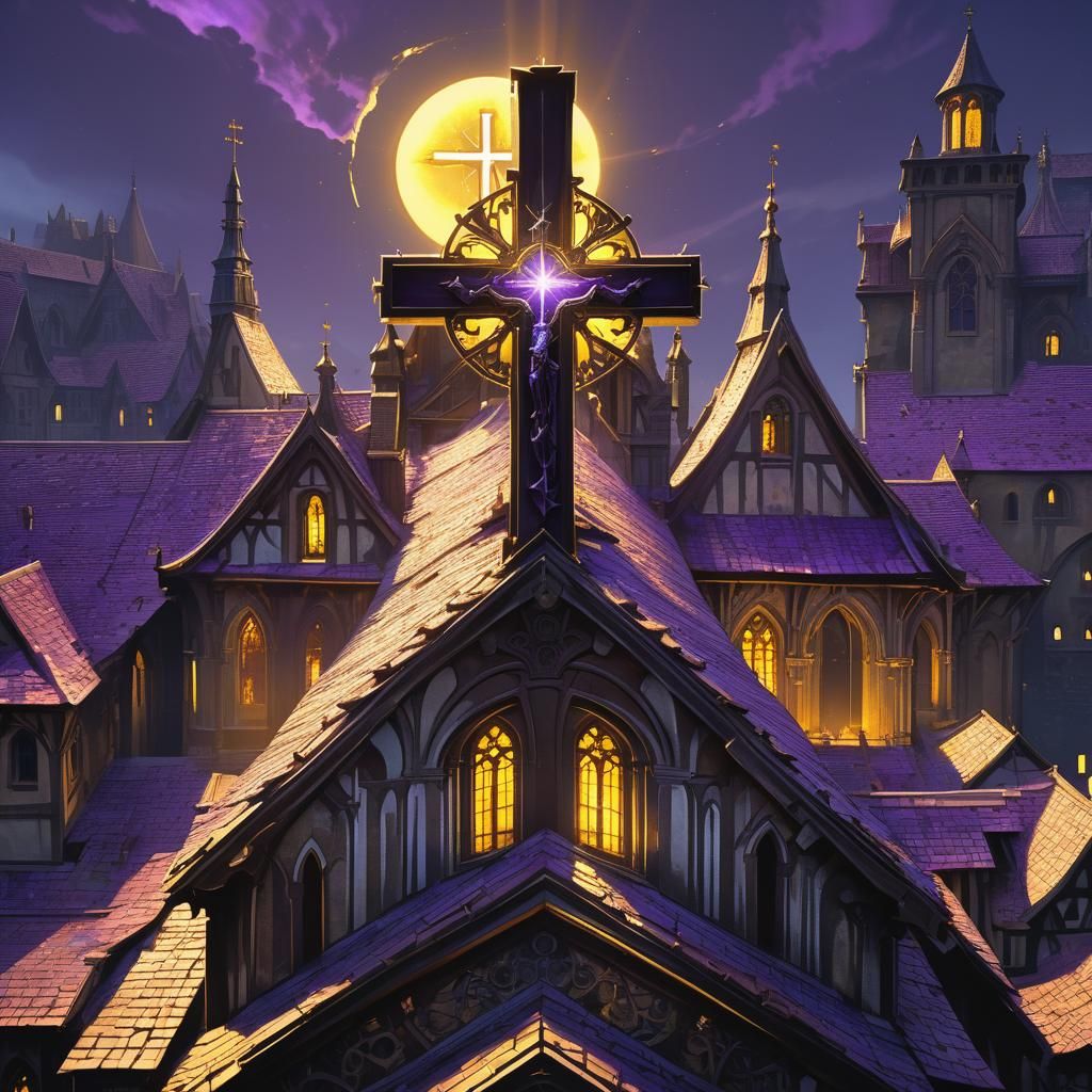 Glowing Cross on Medieval Building: Dark Fantasy Art