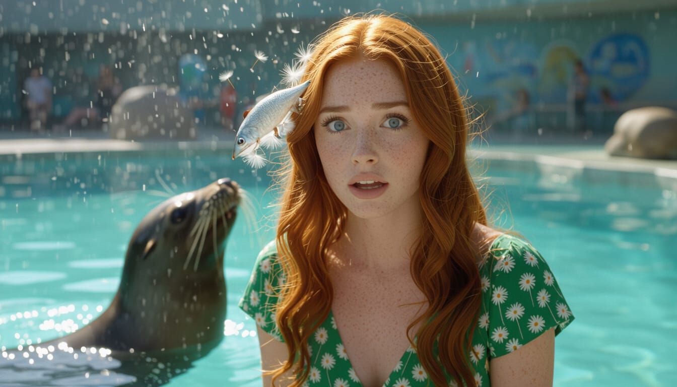 Woman Hit by Fish at Aquarium: Cinematic Still