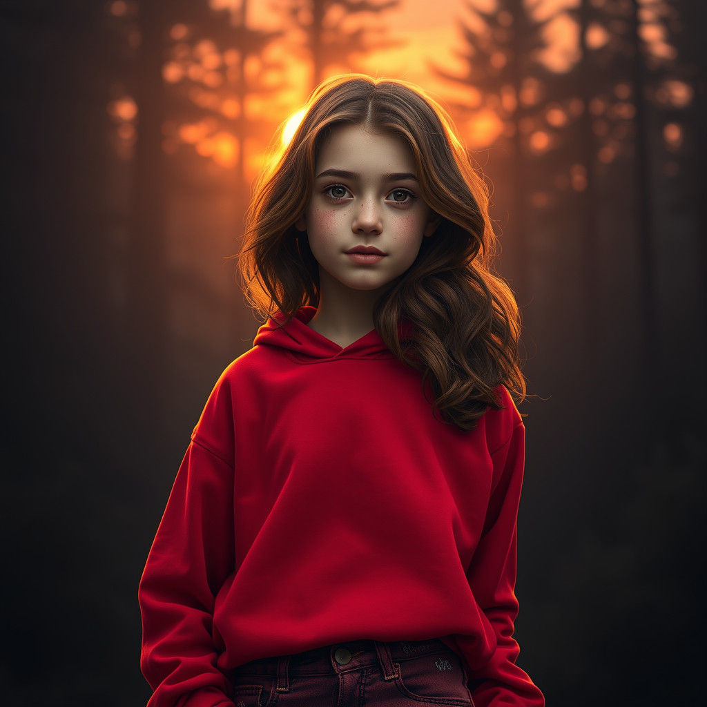 Girl in Red Hoodie Sunset Fantasy Art