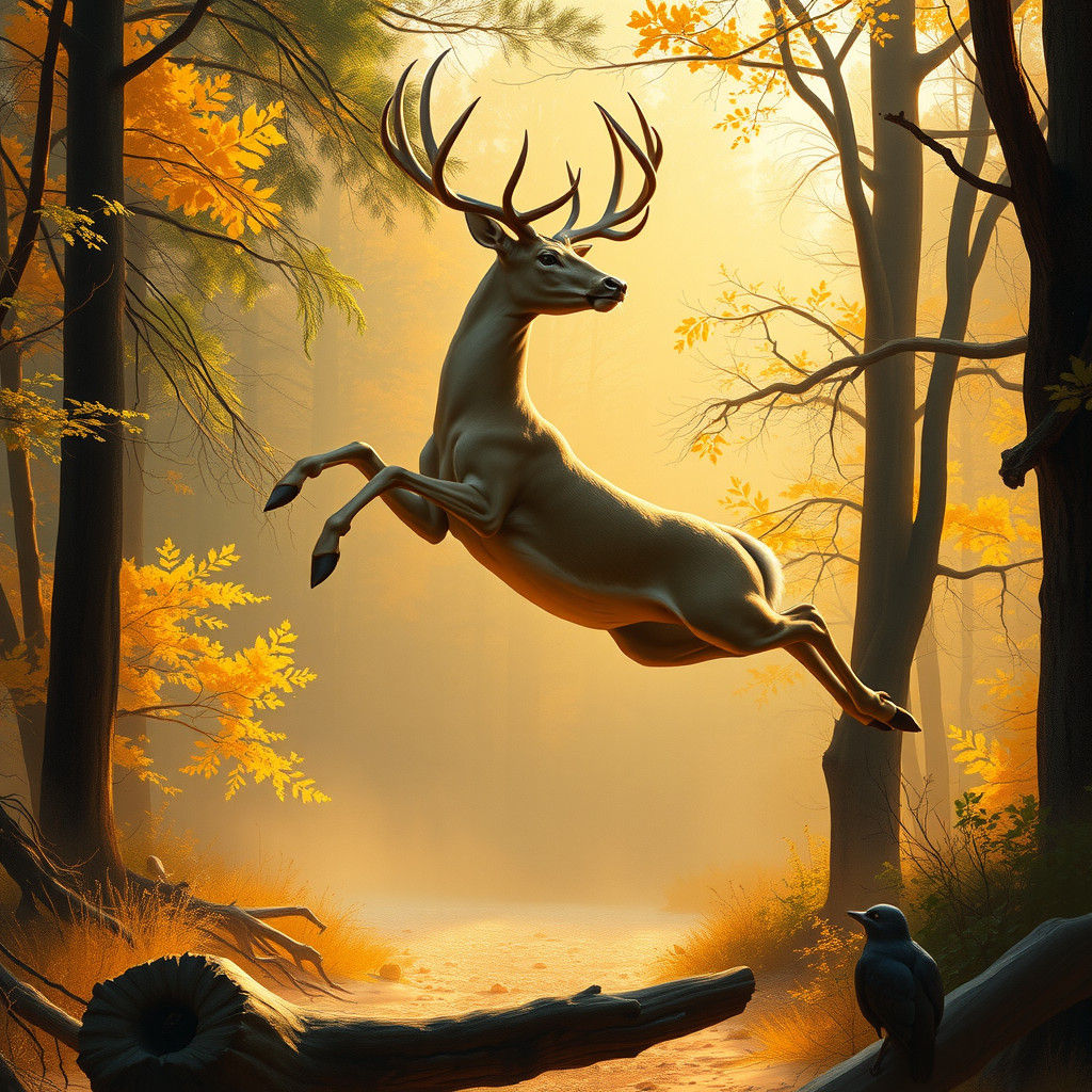 Majestic Leaping Deer in Romantic Digital Art