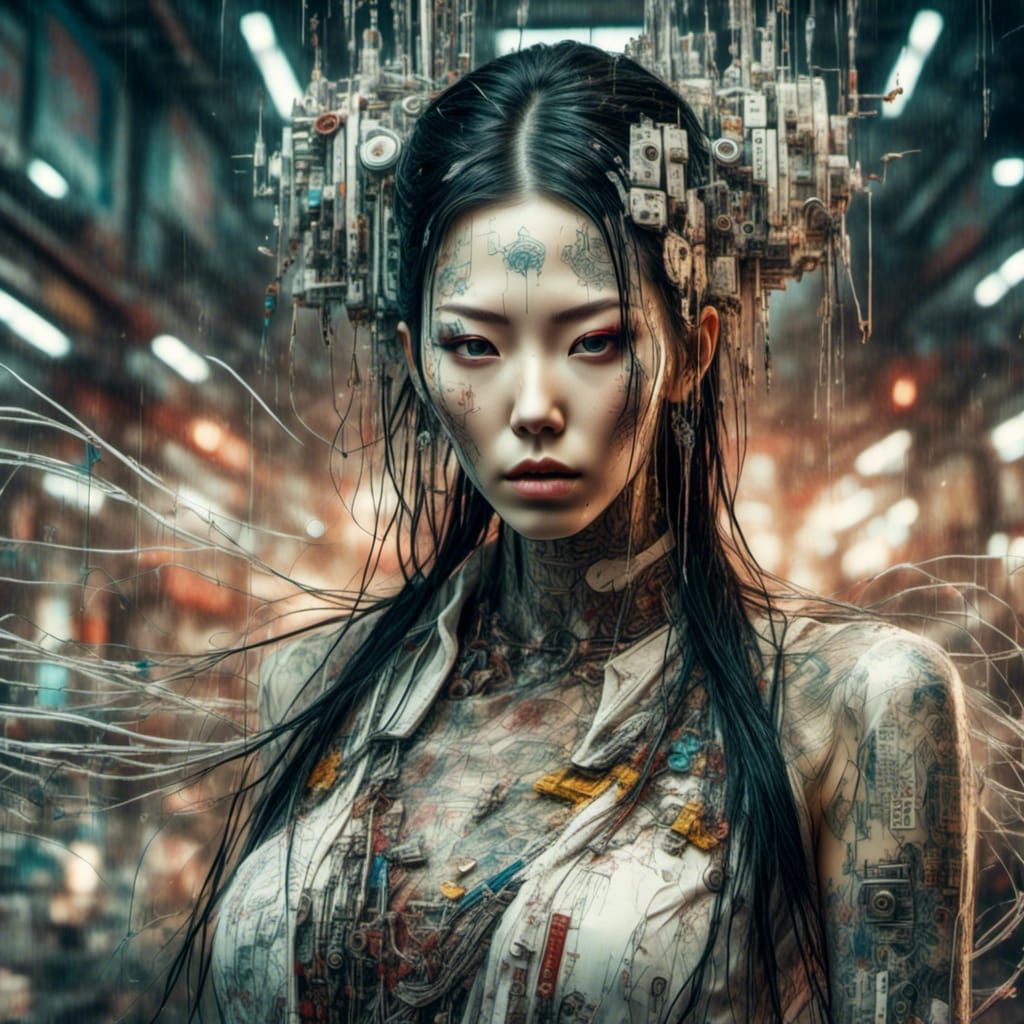 Geisha Android Portrait in Grunge Cyberpunk Style