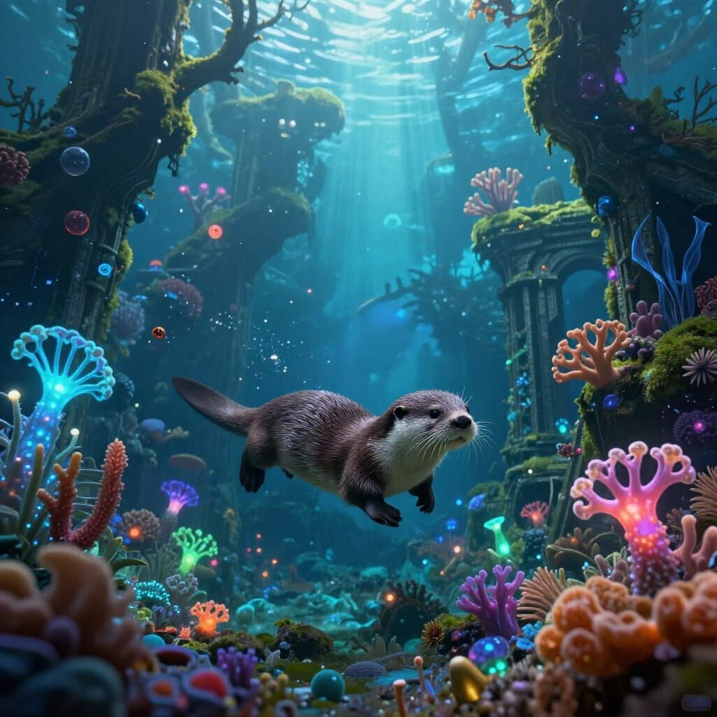 Otter Swims Through Bioluminescent Underwater Forest