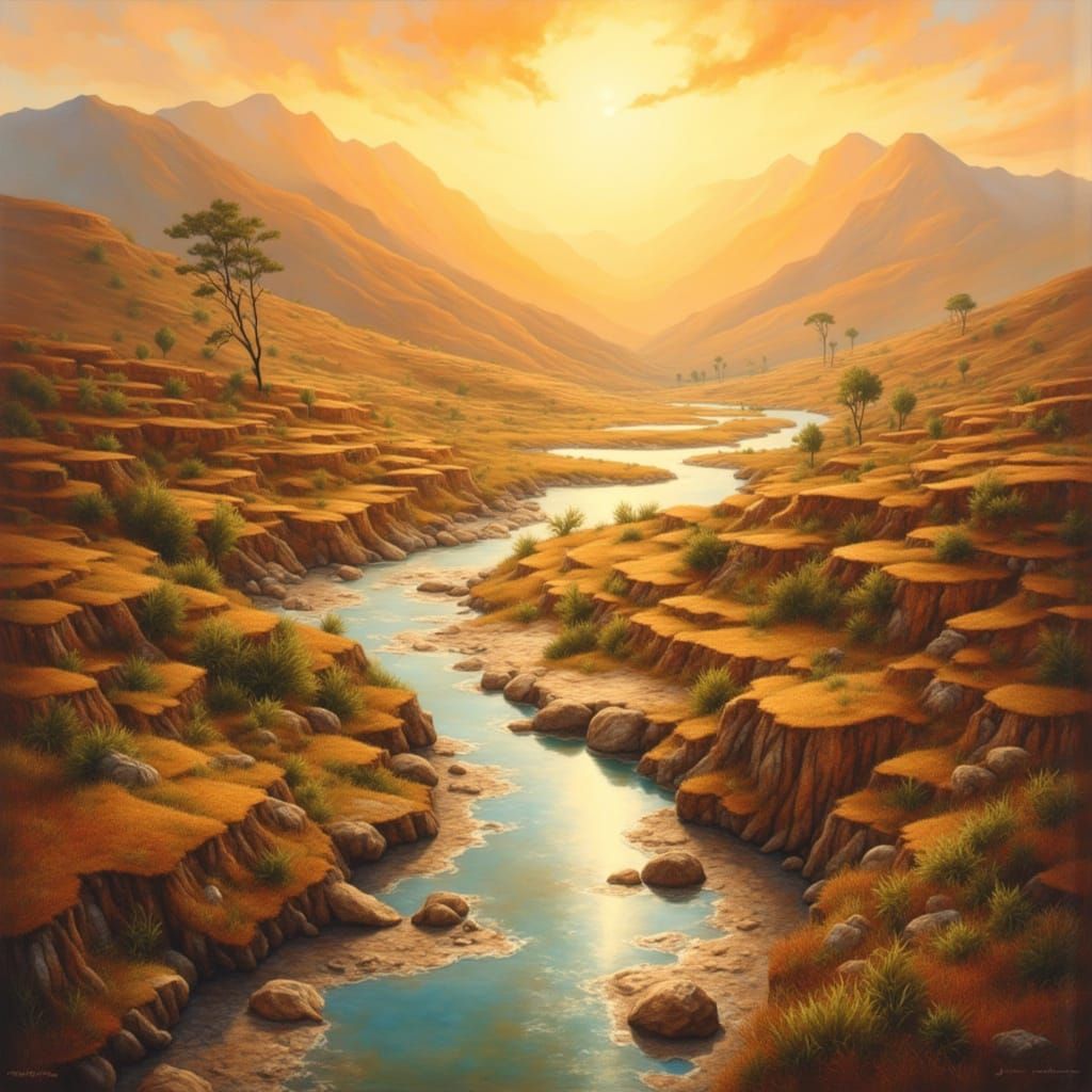 Apricot Landscape with River Reflections and Painterly Textu...