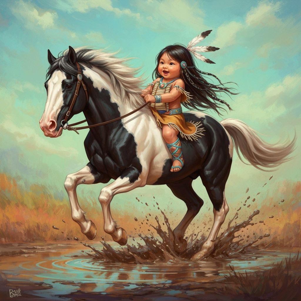 A native American baby little girl with hair blowing in the wind riding a black and white horse kicking a mud puddle hor...