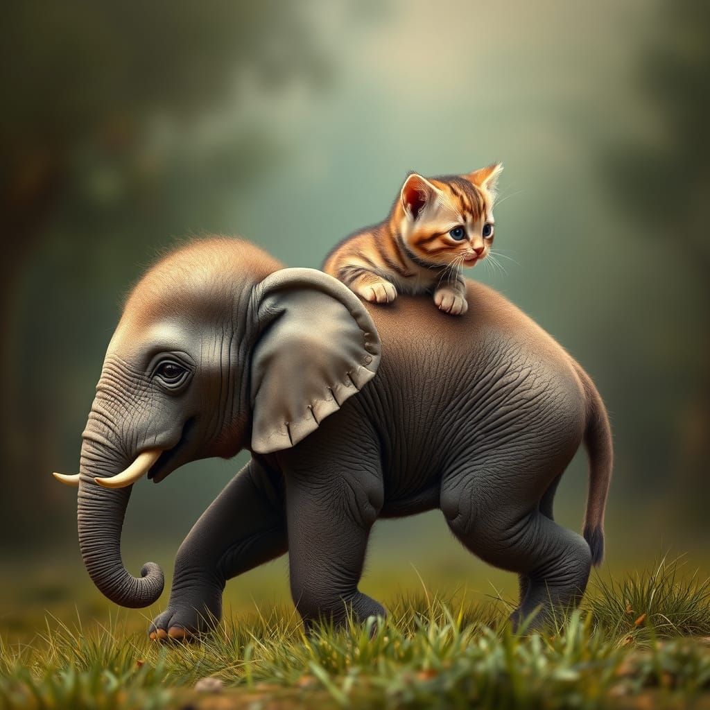 Cute Kitten Rides Baby Elephant in Detailed Matte Painting