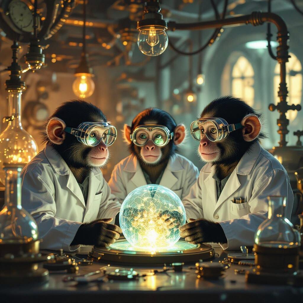 Capuchin Scientists in Futuristic Steampunk Lab
