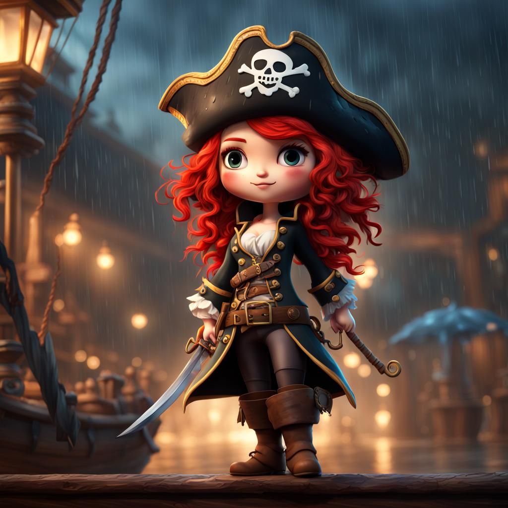Red-Haired Pirate Woman in Chibi Pixar Style