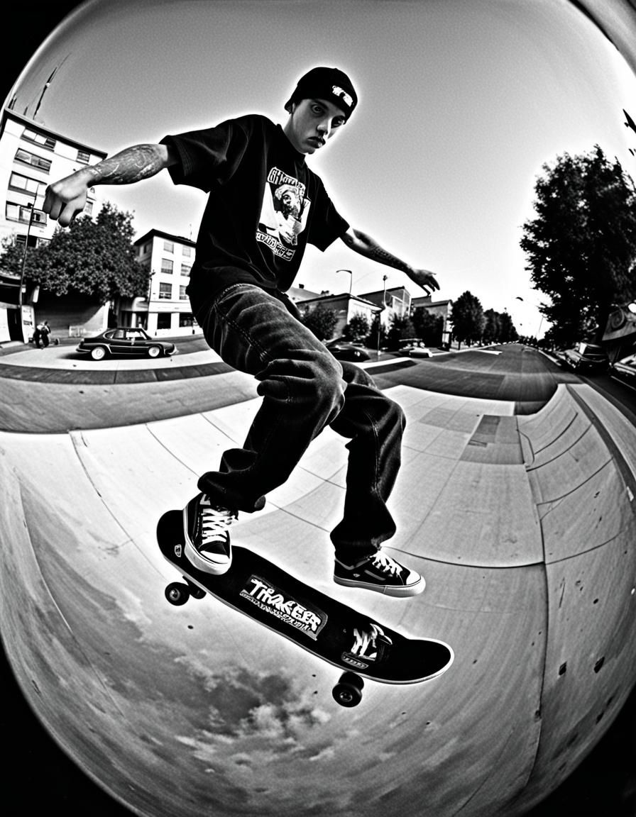 90s Urban Skateboarder Fisheye Lens Black and White Photo