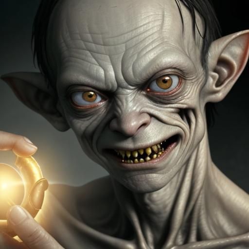 A photorealistic close-up of Gollum's face, illuminated by a faint golden light emanating from the One Ring clutched in ...