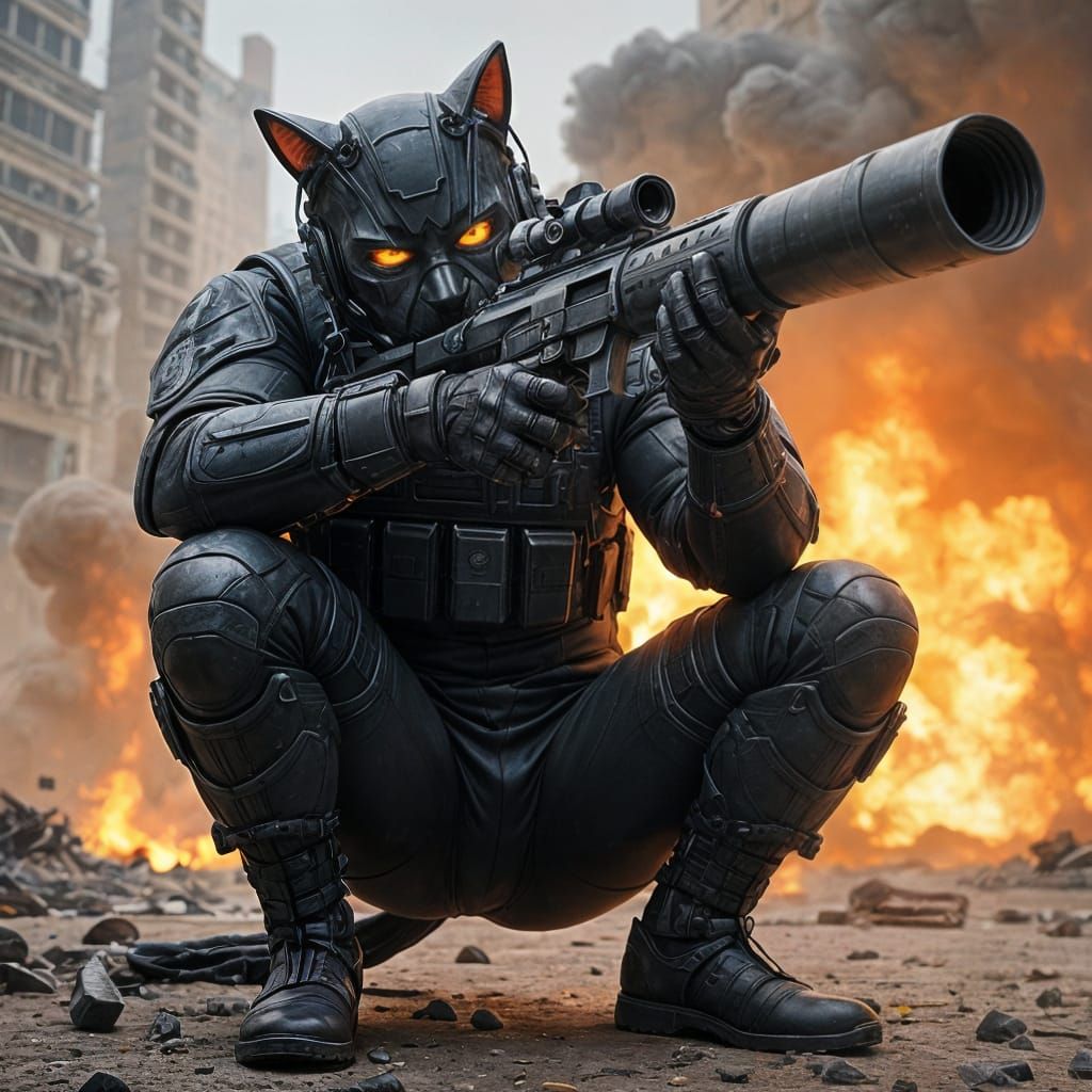 Cyborg Cat in SWAT Gear Aims Rifle
