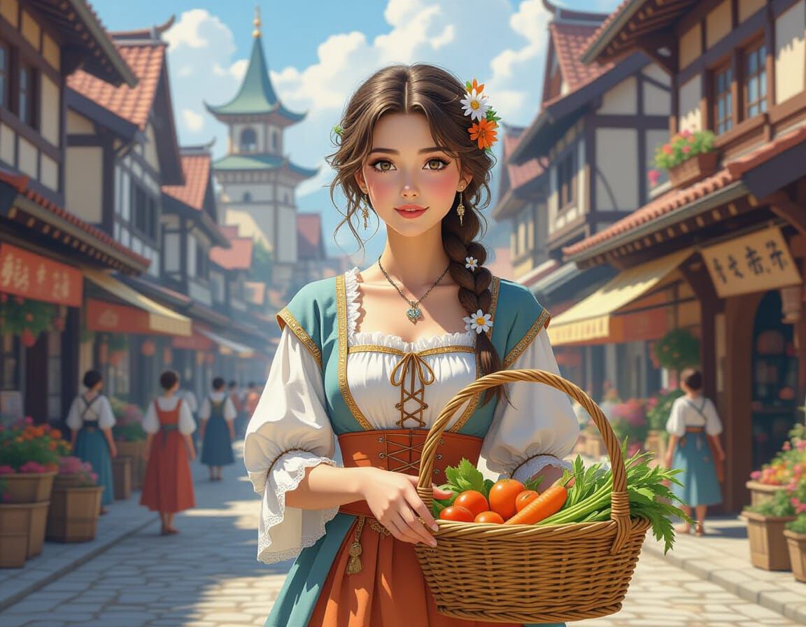 Miyazaki-Style Woman in Fantasy Town with Vegetables