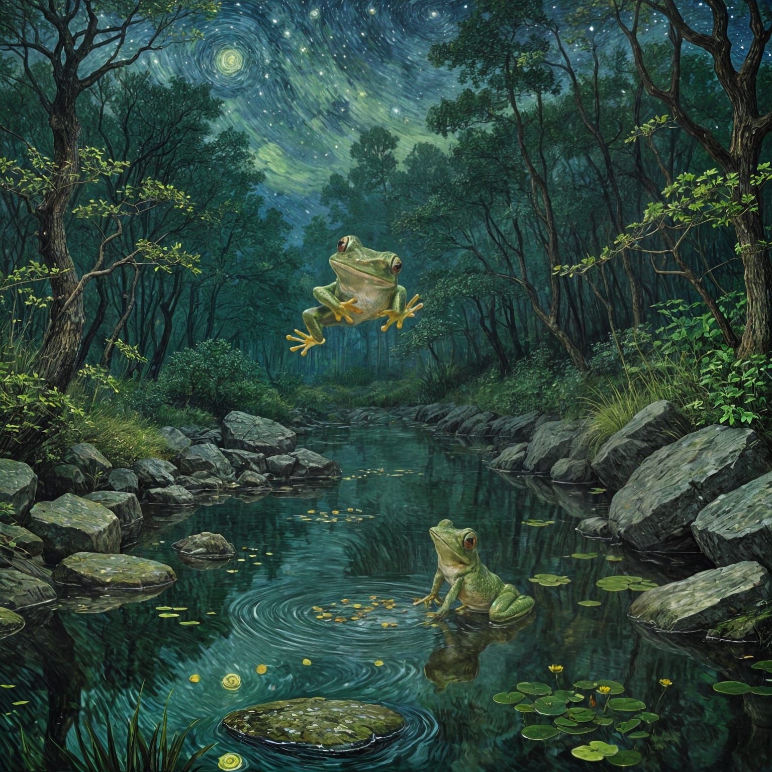 Frog's Leap in Starry Emerald Forest: Van Gogh Style