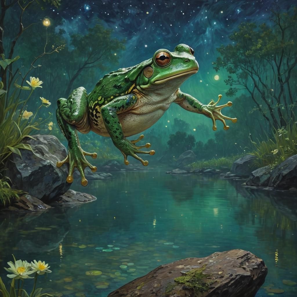 Frog Leaping in Starry Night, Van Gogh Style