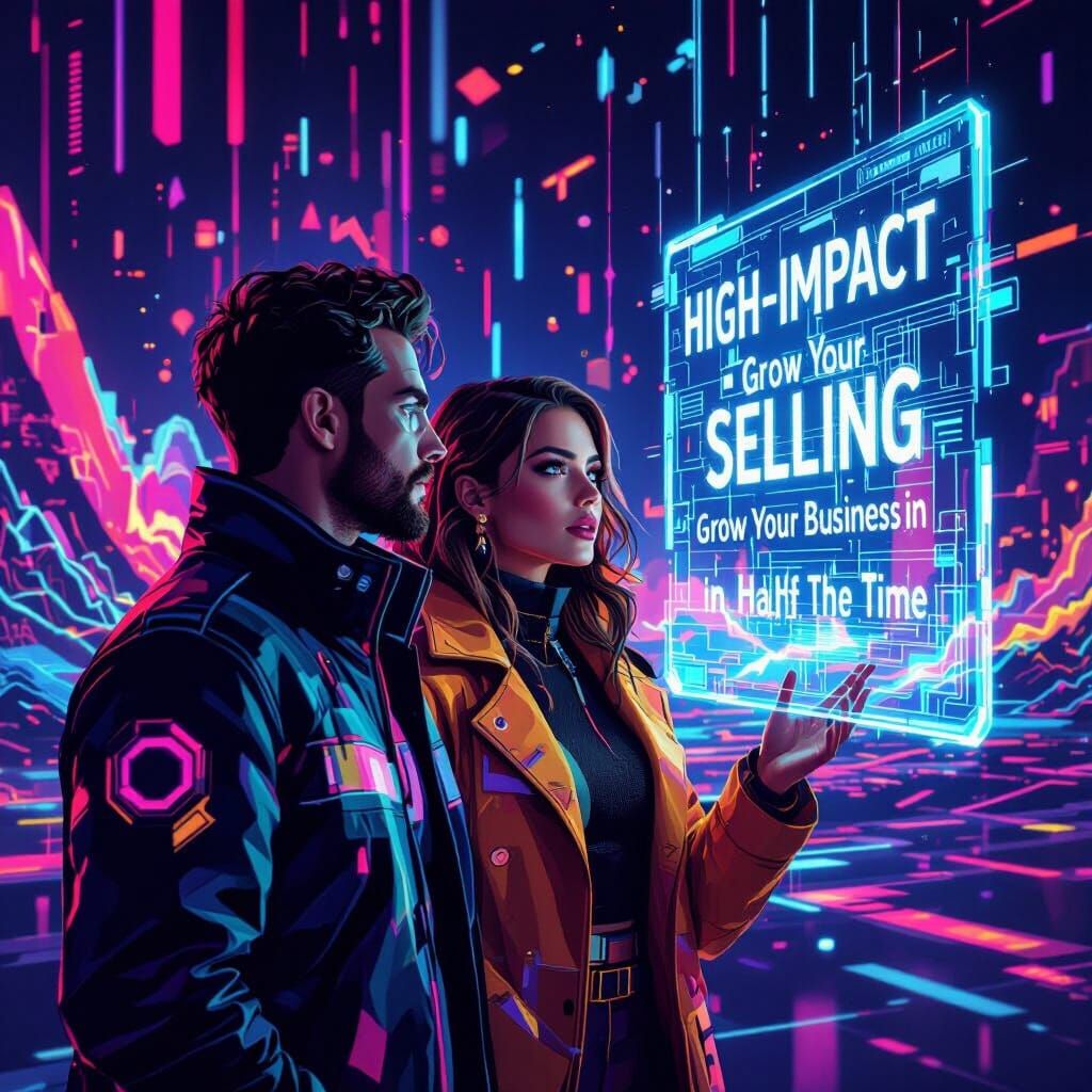 Futuristic NFT Art: Couple Gazes at Holographic Sales Projec...