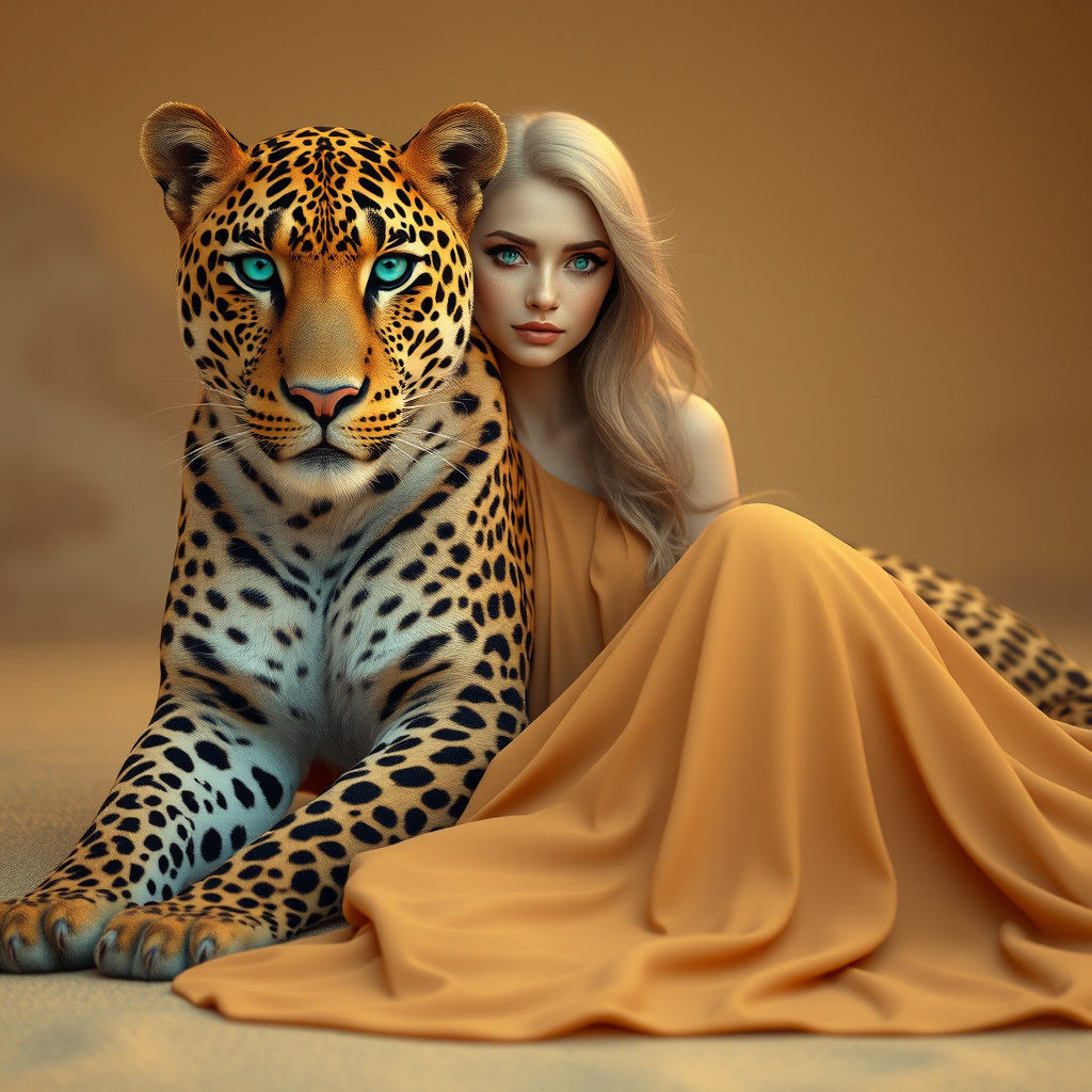 Woman and Leopard with Teal Eyes in Dreamy Light