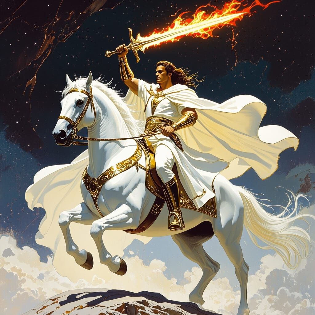 Warrior on White Horse with Flaming Sword