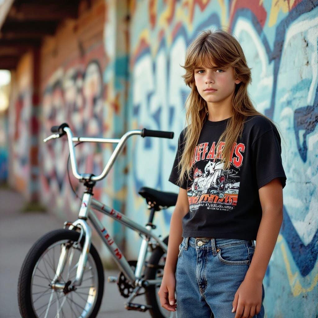 Boy with Mullet and BMX Bike in 1980s Style