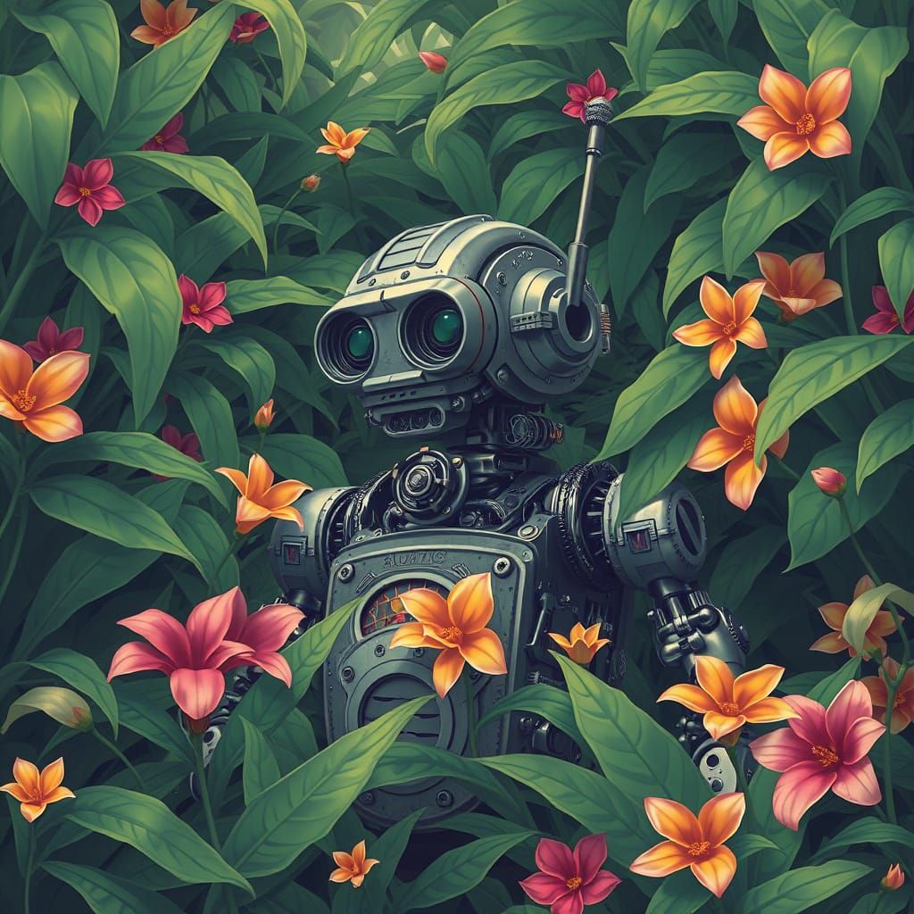 Retro-Futuristic Robot in Lush Jungle