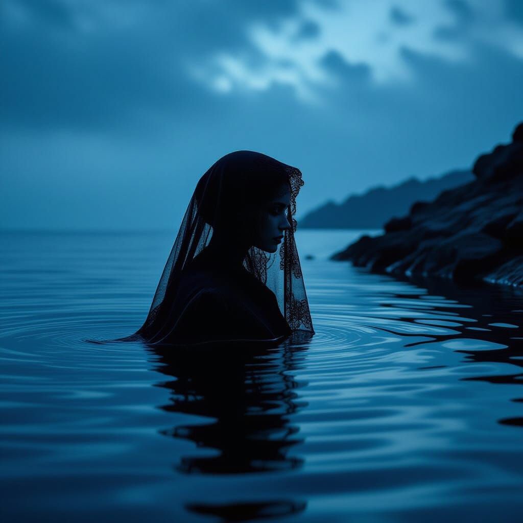 Woman in Lace Veil Reflected in Midnight Water