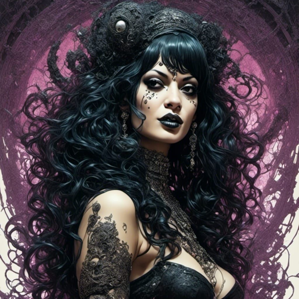 Gothic Pinup in Dark Fantasy Surreal Comic Style
