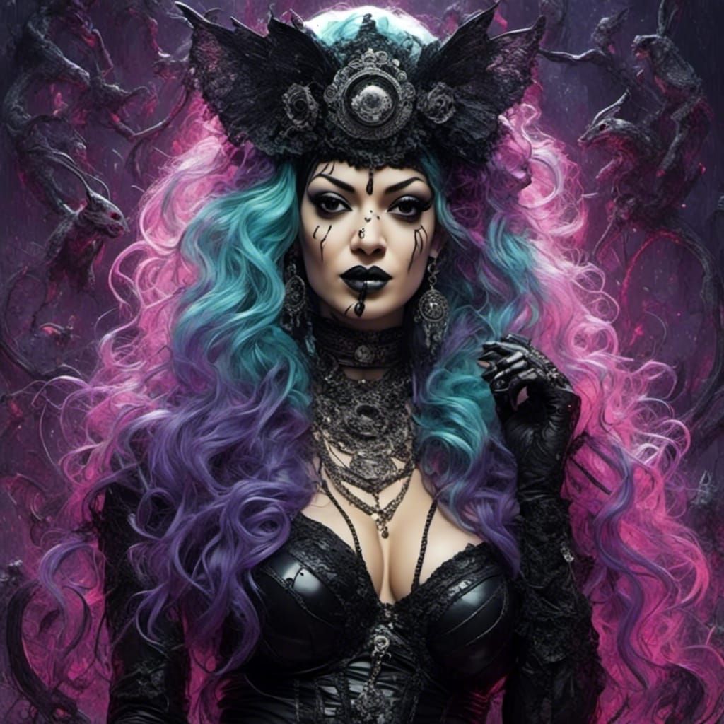 Gothic Pinup in Black, Green, and Purple