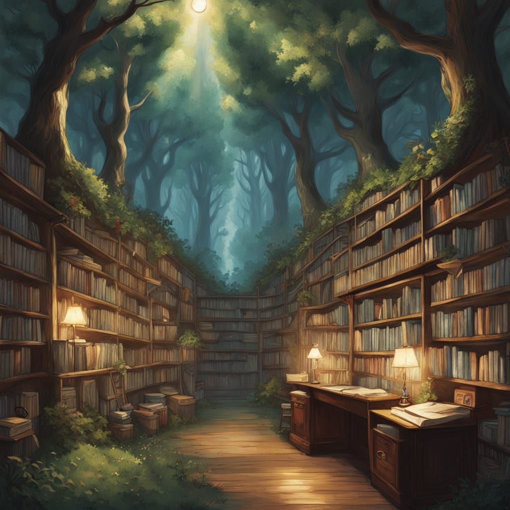 Whimsical Elven Library in a Hollow Tree with Glowing Shelve...