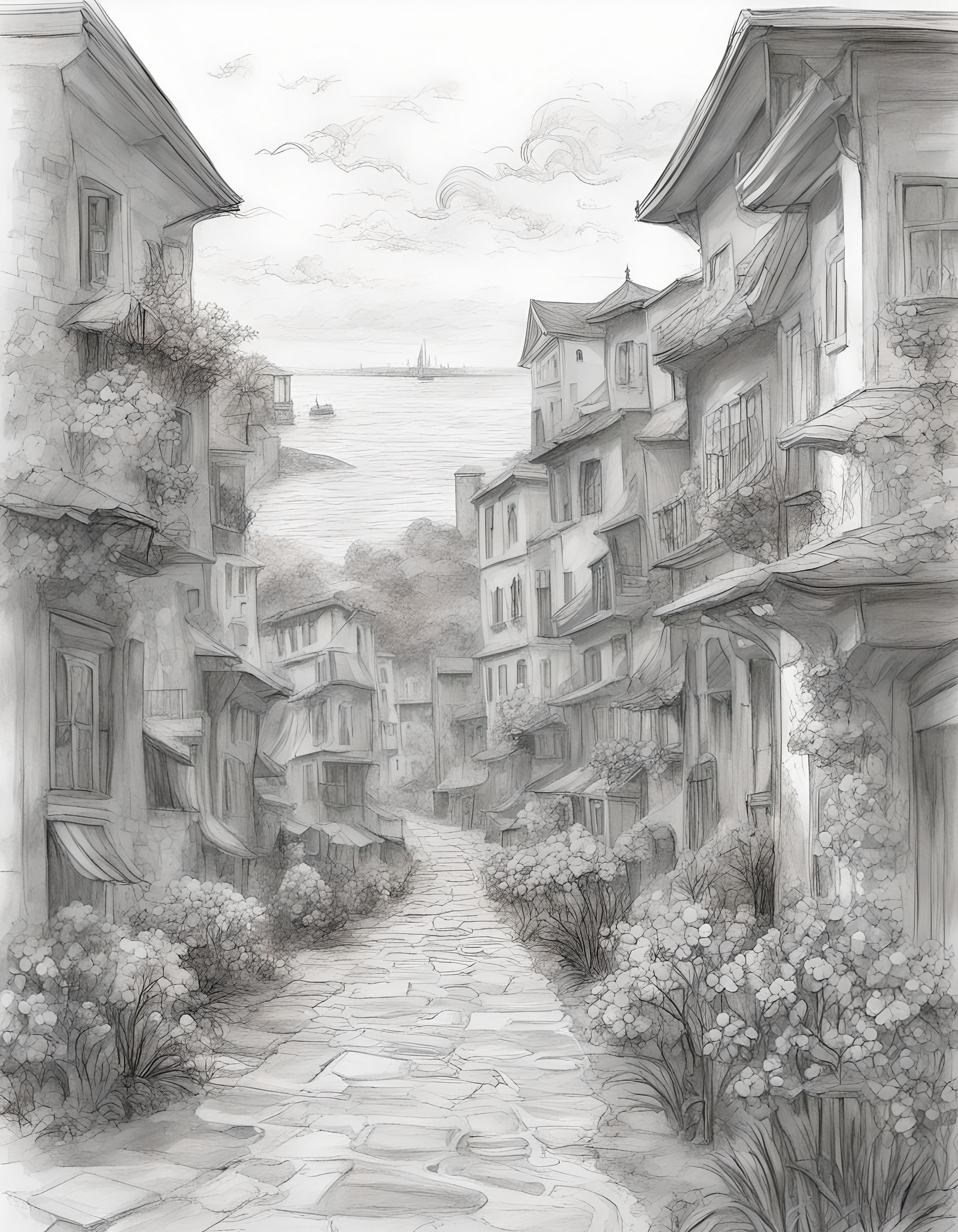 Post-Impressionist Town: A Gentle Pencil Sketch