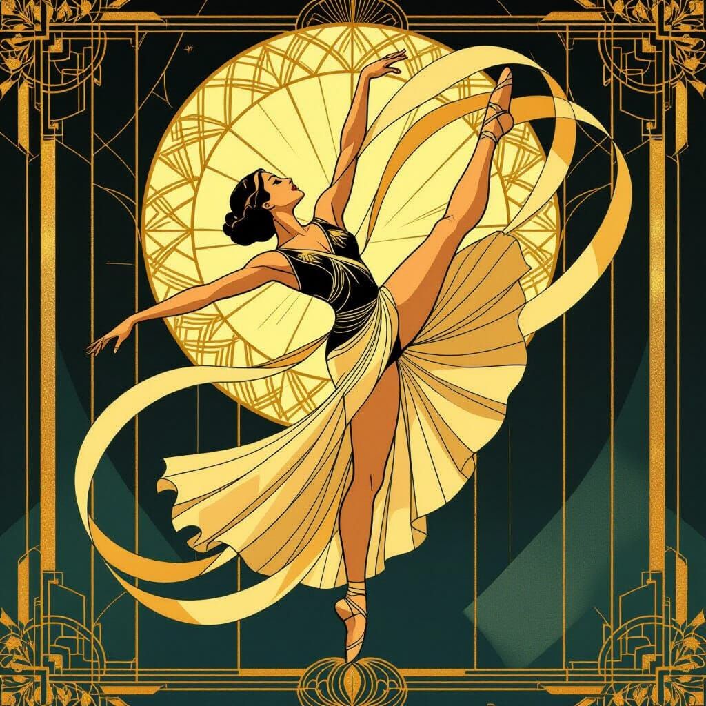 Art Deco Gymnastics: Woman with Ribbon in Geometric Style