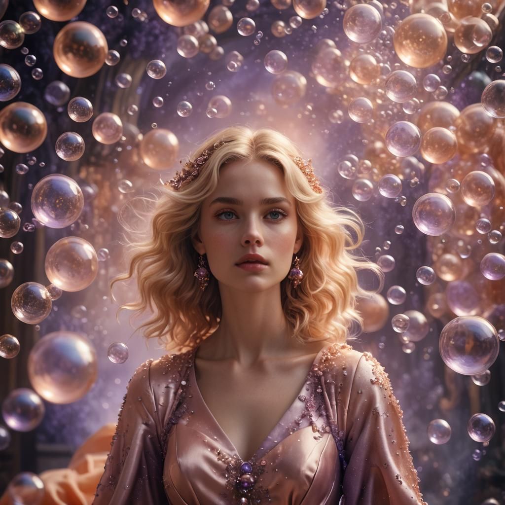 Blonde Woman in Peach Satin with Lavender Bubbles