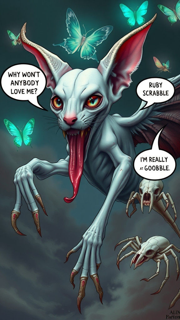 A surreal humanoid half white sphinx cat half albino devil b...