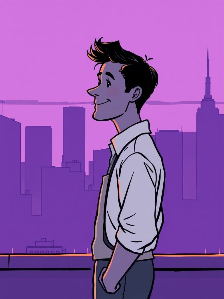 Serene Clerk in a Simplified Cityscape, Cartoon Style