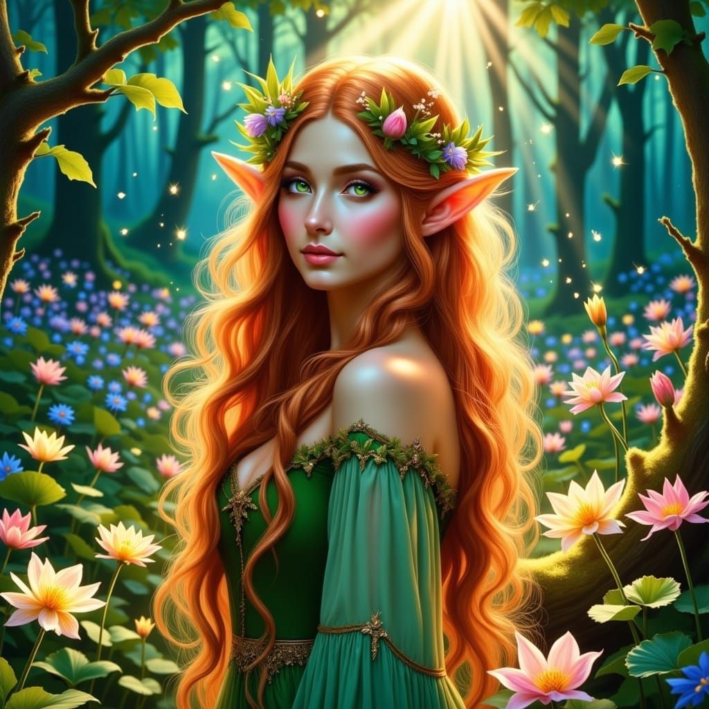 Beautiful Elf Portrait in Lush Forest Glade