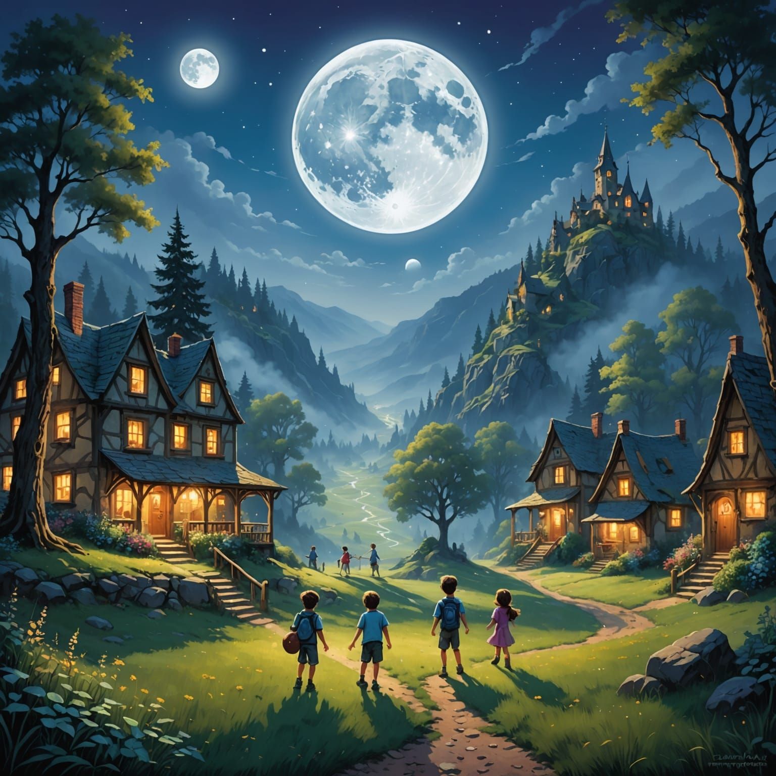 Children Play Under Ethereal Full Moon in Misty Valley