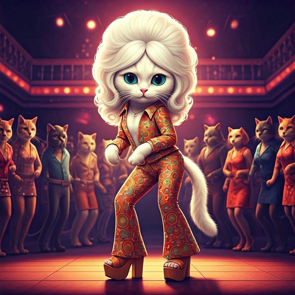 Disco Cat in 70s Outfit Dancing at Disco