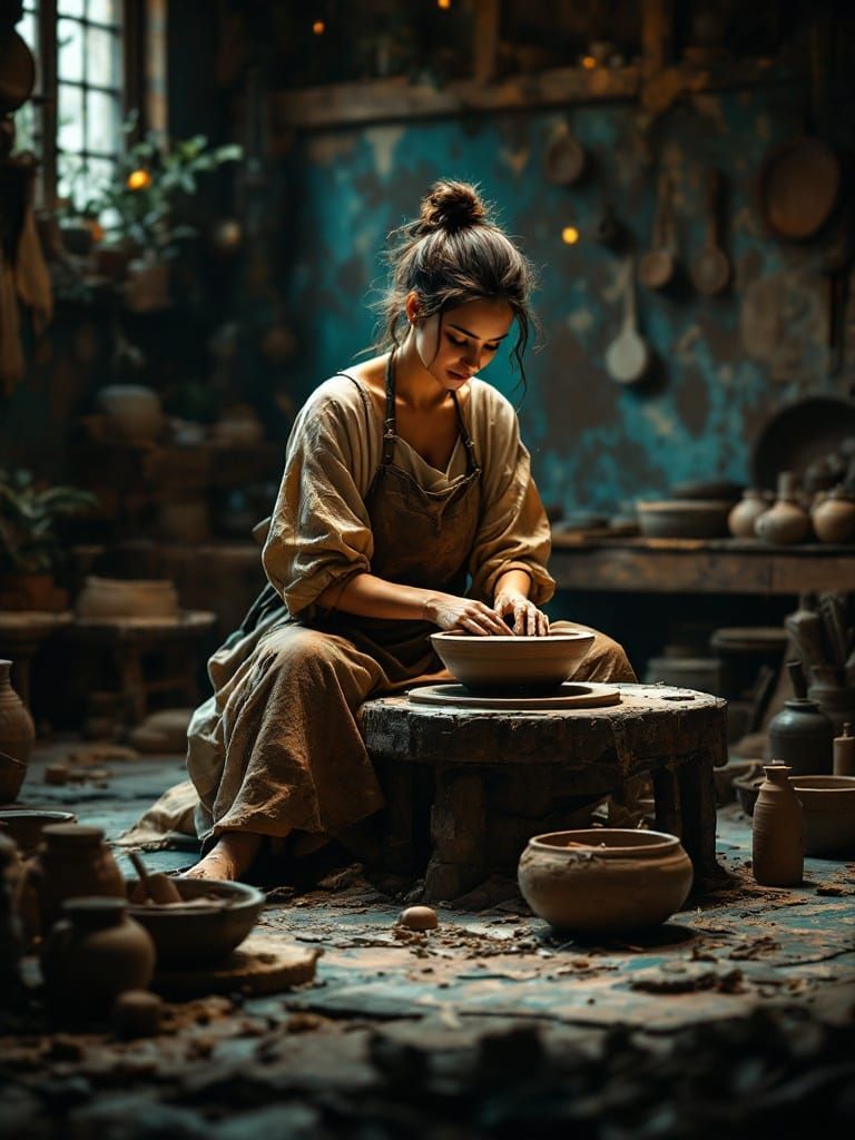 Mystical Potteress in Ancient Craftsmanship Style
