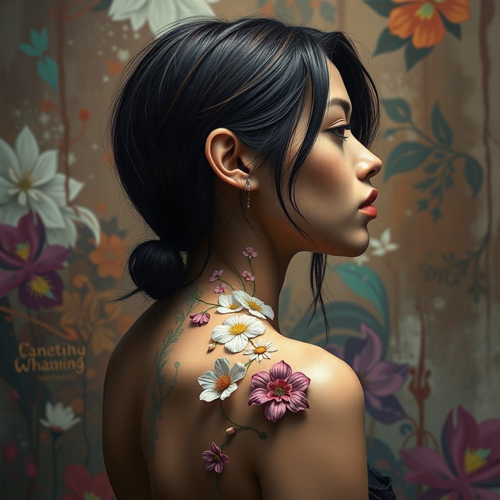 Vibrant Flowers Adorn a Brunette Woman's Spine in Intricate,...
